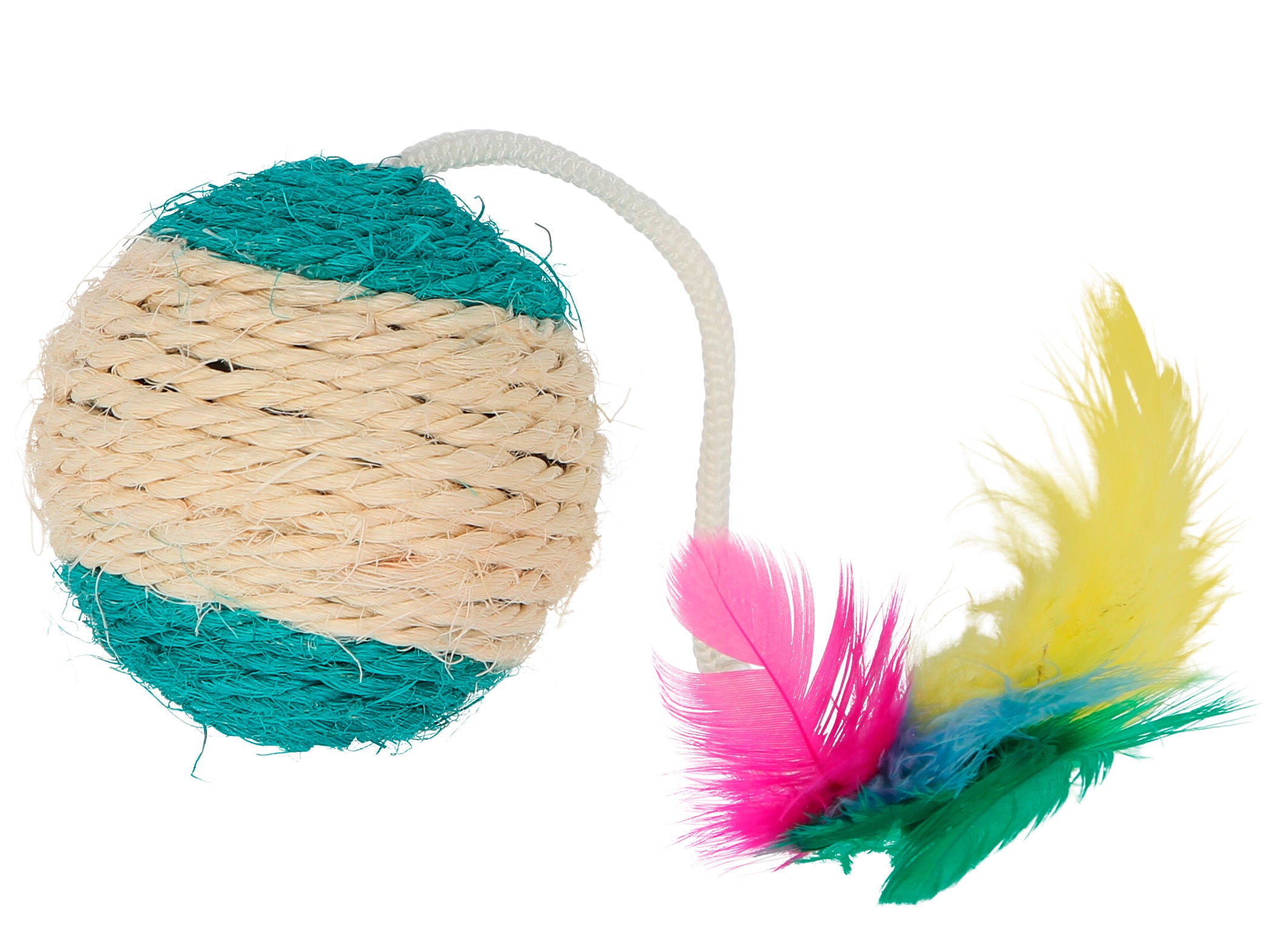 Sisal žoga s perjem in ropotuljo 6 cm barvno sort.