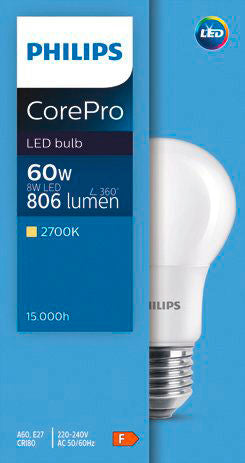 Philips LED žarnica E27 8W/60W CorePro mat 806lm, 2700K